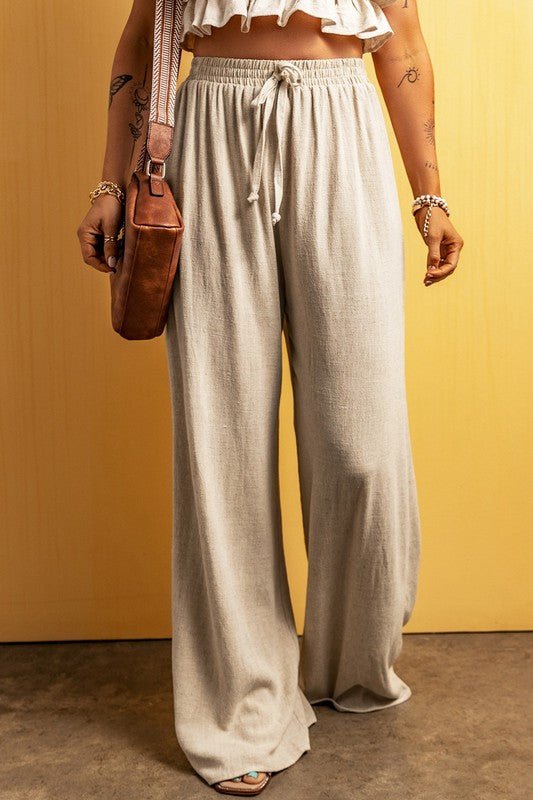 Beige Viscose Linen floor length wide leg pants - NUTRAL ATTIRE