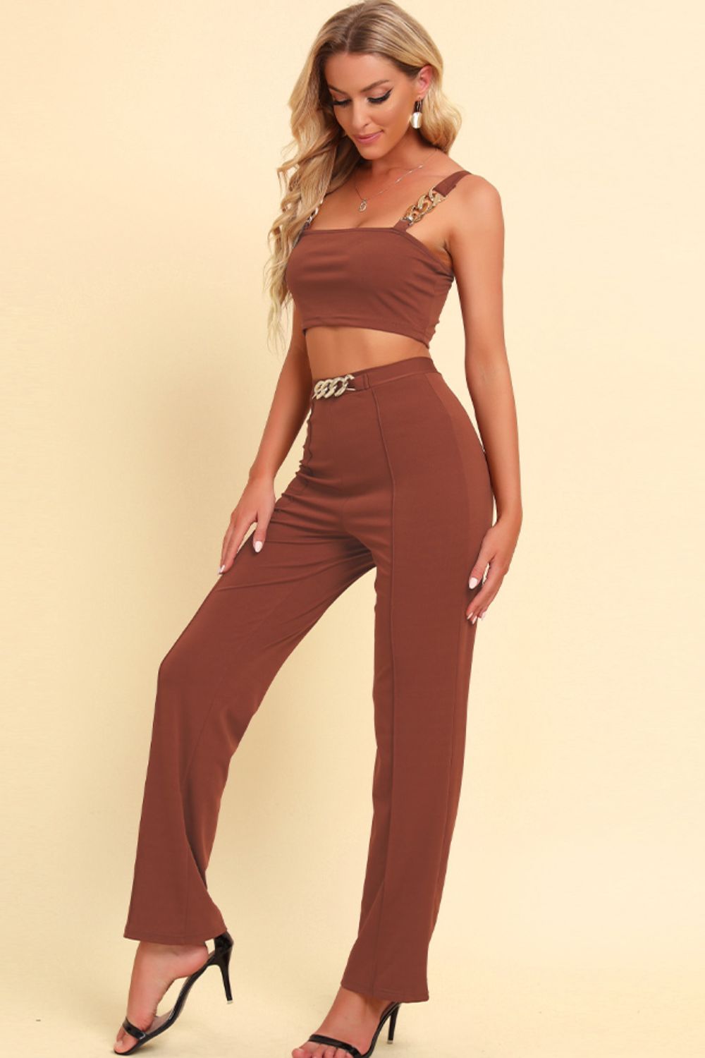 Chain Detail Cropped Cami and Straight Leg Pants Set - NUTRAL ATTIRE