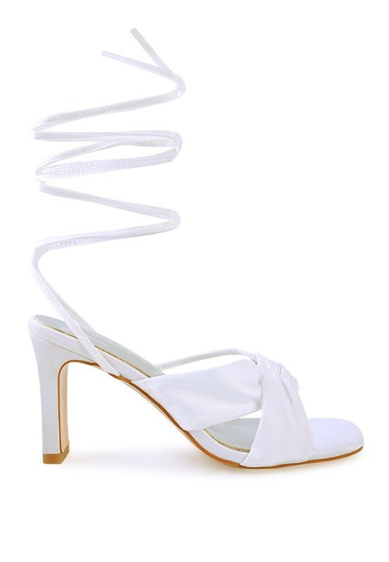 CHASM RUCHED SATIN TIE UP BLOCK HEELED SANDALS - NUTRAL ATTIRE