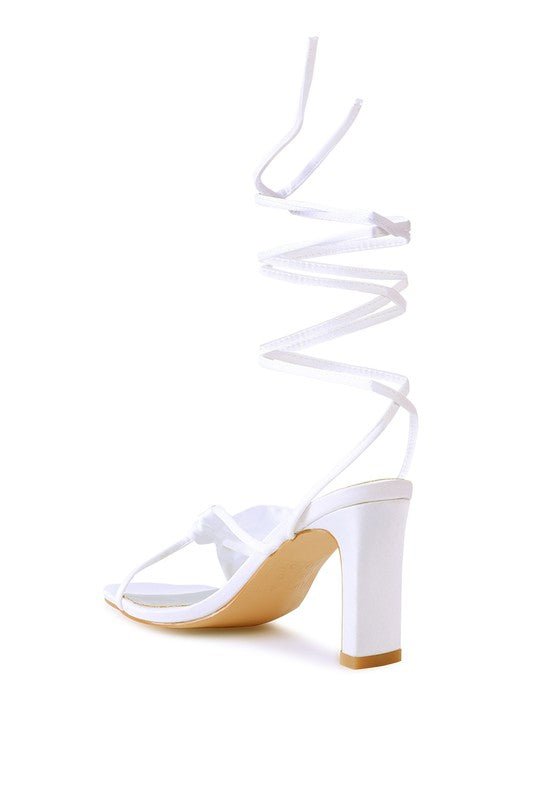 CHASM RUCHED SATIN TIE UP BLOCK HEELED SANDALS - NUTRAL ATTIRE