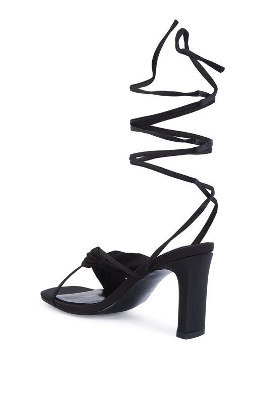 CHASM RUCHED SATIN TIE UP BLOCK HEELED SANDALS - NUTRAL ATTIRE