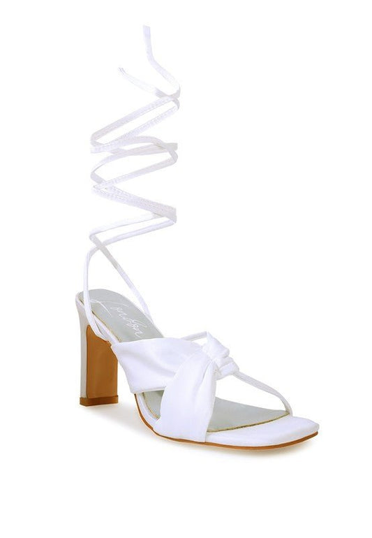 CHASM RUCHED SATIN TIE UP BLOCK HEELED SANDALS - NUTRAL ATTIRE