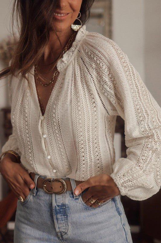 Crochet Lace button v - neck knit sweater blouse - NUTRAL ATTIRE