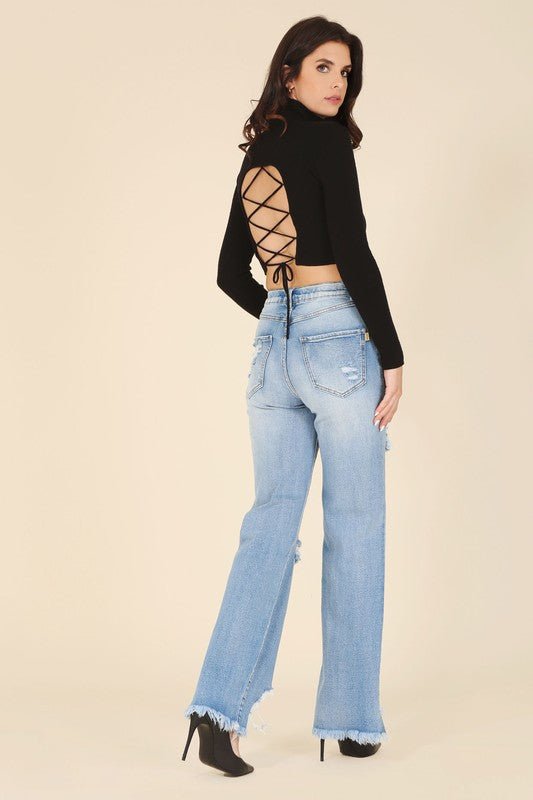 Cross back Mock neck lace - up open back top black - NUTRAL ATTIRE