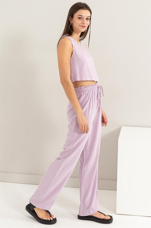 D - Linen Blended Top and Pants Set - NUTRAL ATTIRE