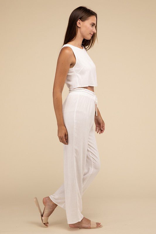 D - Linen Blended Top and Pants Set - NUTRAL ATTIRE