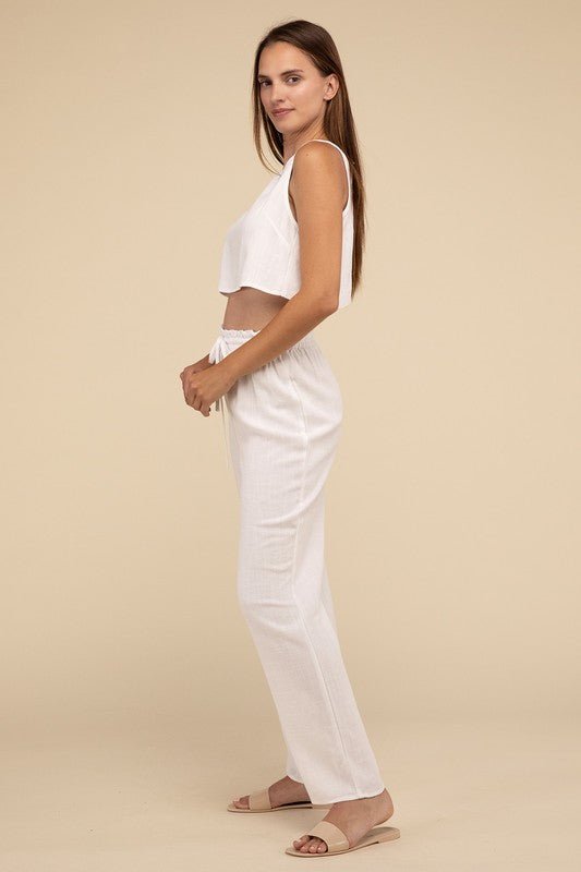 D - Linen Blended Top and Pants Set - NUTRAL ATTIRE