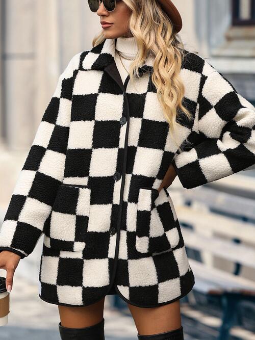 Double Take Full Size Checkered Button Front Coat with Pockets - NUTRAL ATTIRE