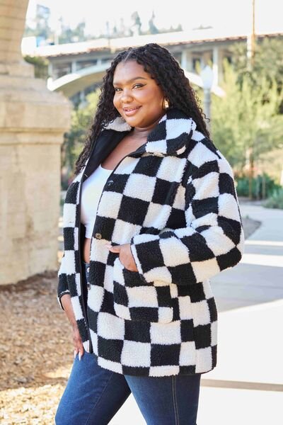 Double Take Full Size Checkered Button Front Coat with Pockets - NUTRAL ATTIRE