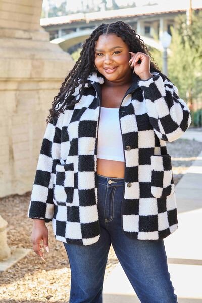 Double Take Full Size Checkered Button Front Coat with Pockets - NUTRAL ATTIRE