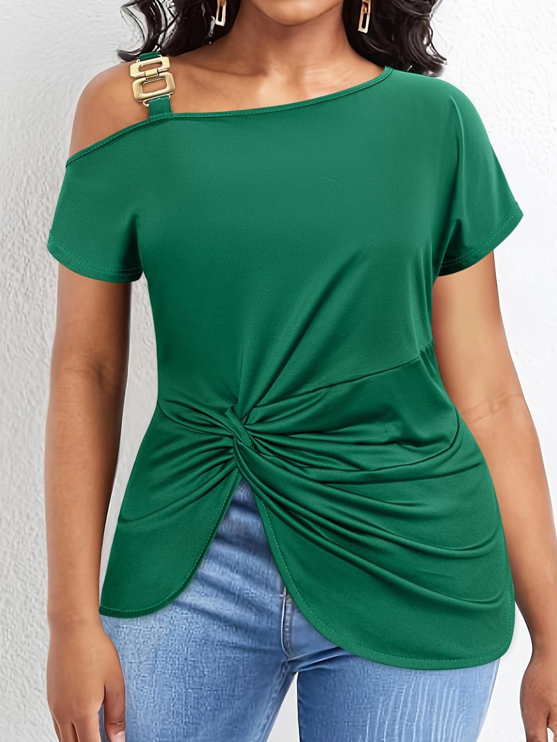 Emmy Plus Size Twisted Asymmetrical Neck Short Sleeve T-Shirt Green - NUTRAL ATTIRE