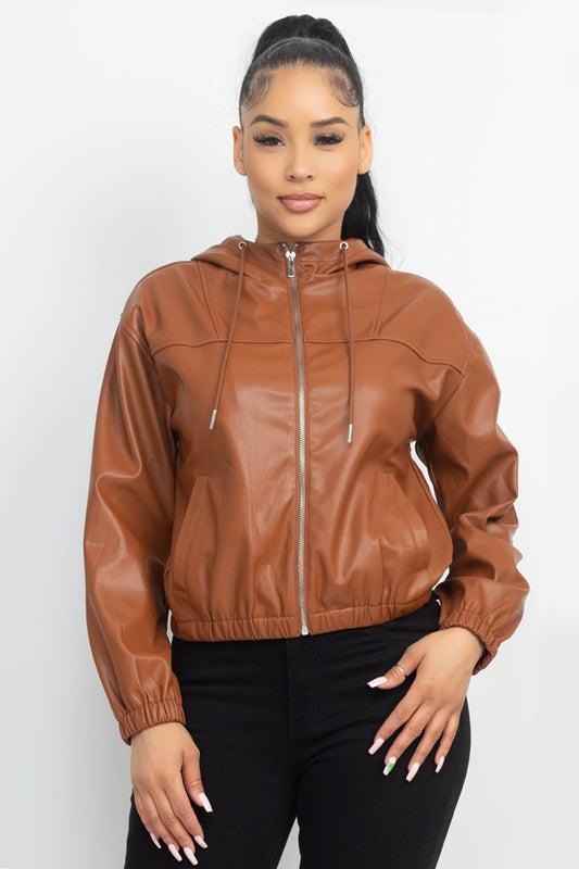 Faux Leather Hoodie Jacket - NUTRAL ATTIRE