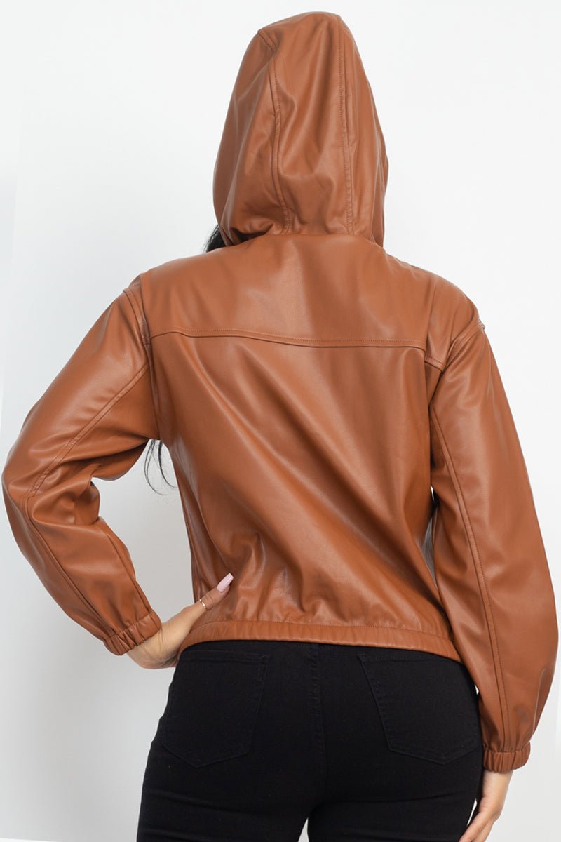 Faux Leather Hoodie Jacket - NUTRAL ATTIRE