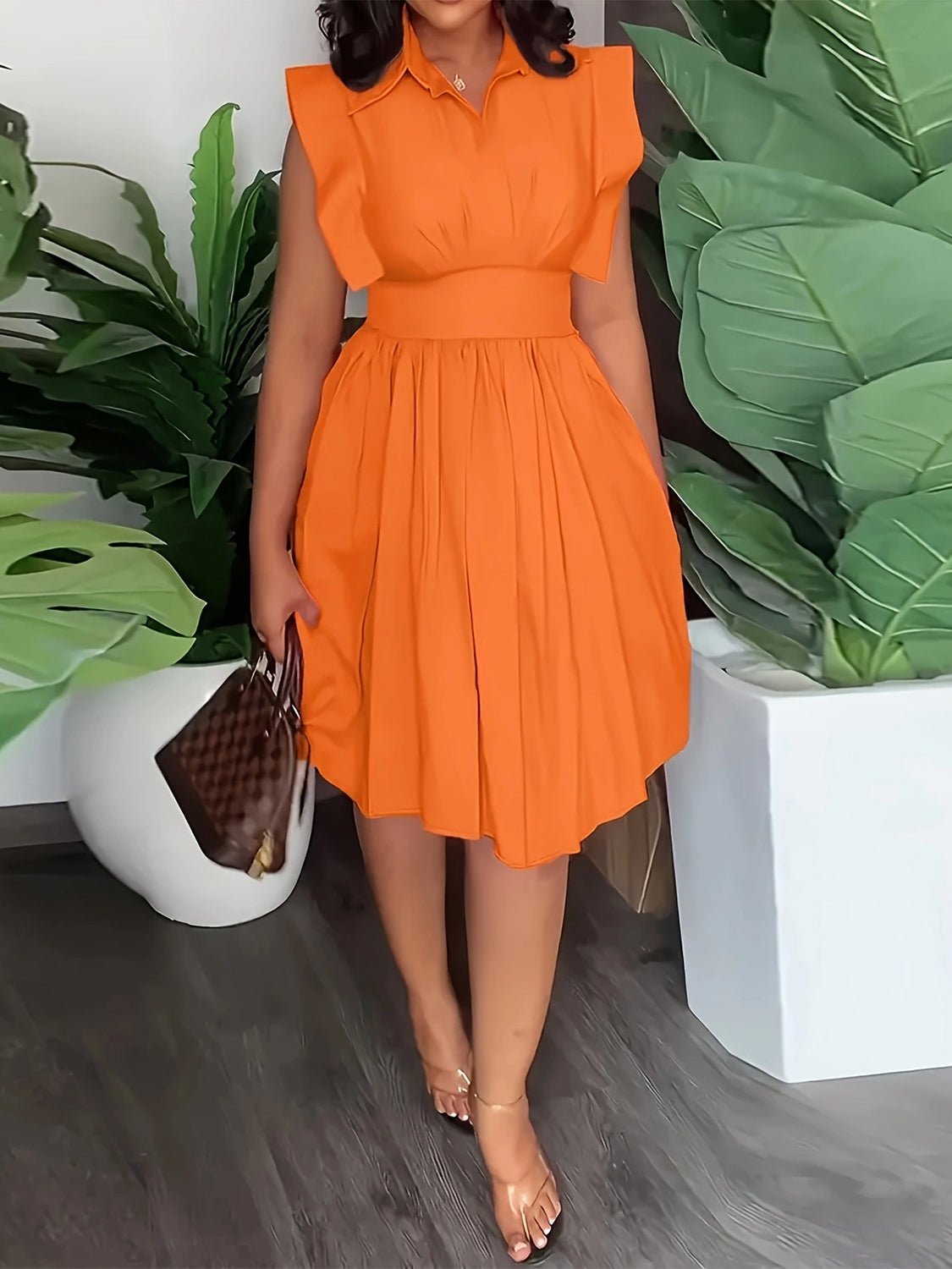 Fiona Plus Size Ruffled Collared Neck Cap Sleeve Dress Orange - NUTRAL ATTIRE