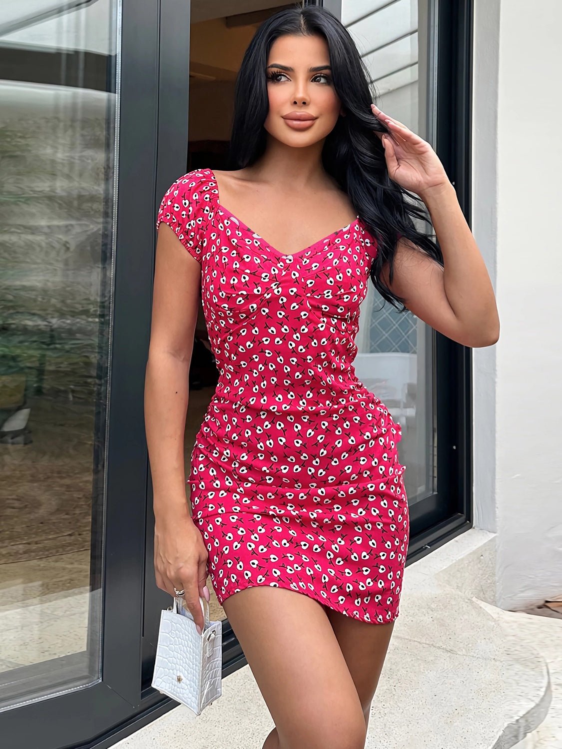 Flora Printed V - Neck Short Sleeve Mini Dress Pink - NUTRAL ATTIRE