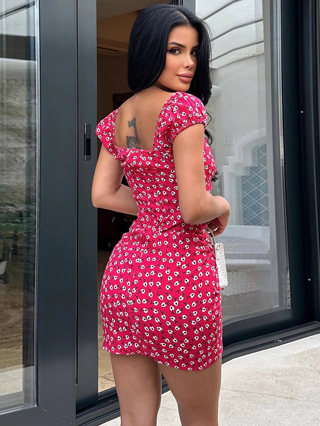 Flora Printed V - Neck Short Sleeve Mini Dress Pink - NUTRAL ATTIRE