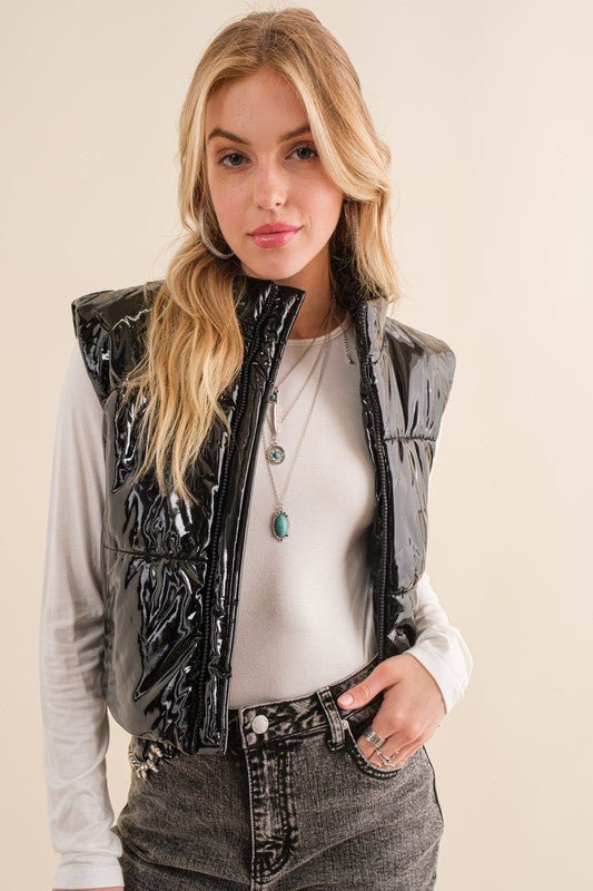 Gloss Shiny PU Quilted Puffer Zip Up Crop Vest - NUTRAL ATTIRE