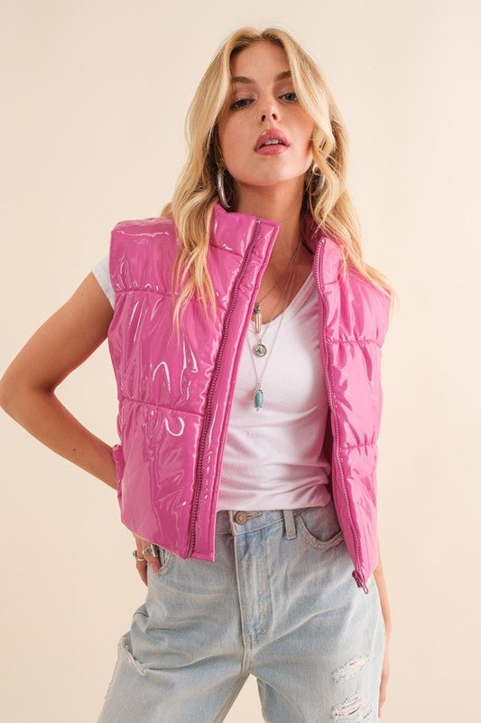 Gloss Shiny PU Quilted Puffer Zip Up Crop Vest - NUTRAL ATTIRE