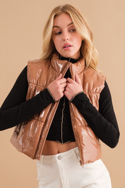 Gloss Shiny PU Quilted Puffer Zip Up Crop Vest - NUTRAL ATTIRE