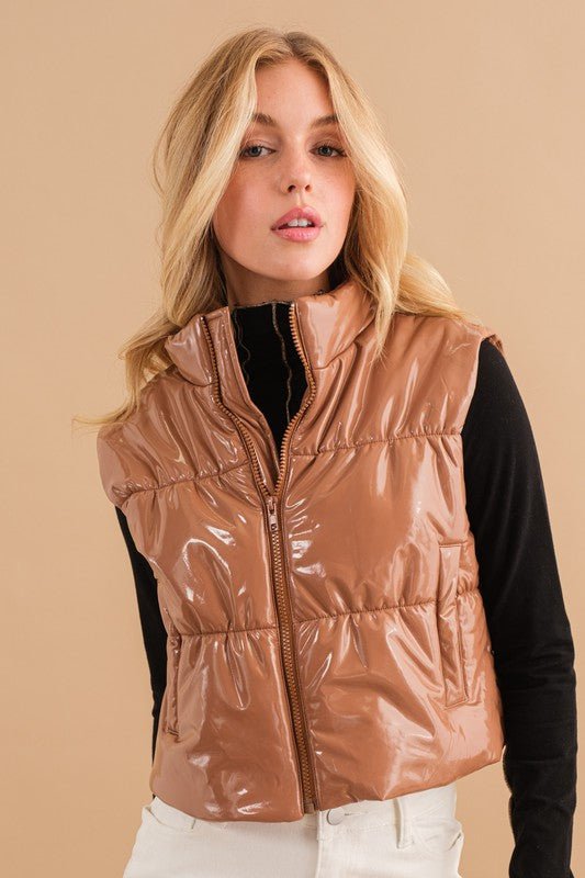 Gloss Shiny PU Quilted Puffer Zip Up Crop Vest - NUTRAL ATTIRE