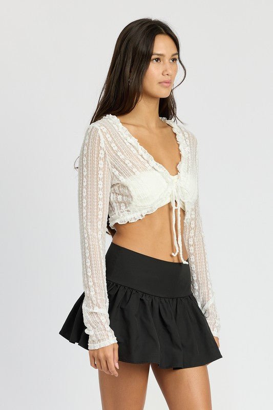 LACE CARDIGAN WITH RUFFLE DETAIL - NUTRAL ATTIRE