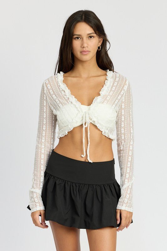 LACE CARDIGAN WITH RUFFLE DETAIL - NUTRAL ATTIRE