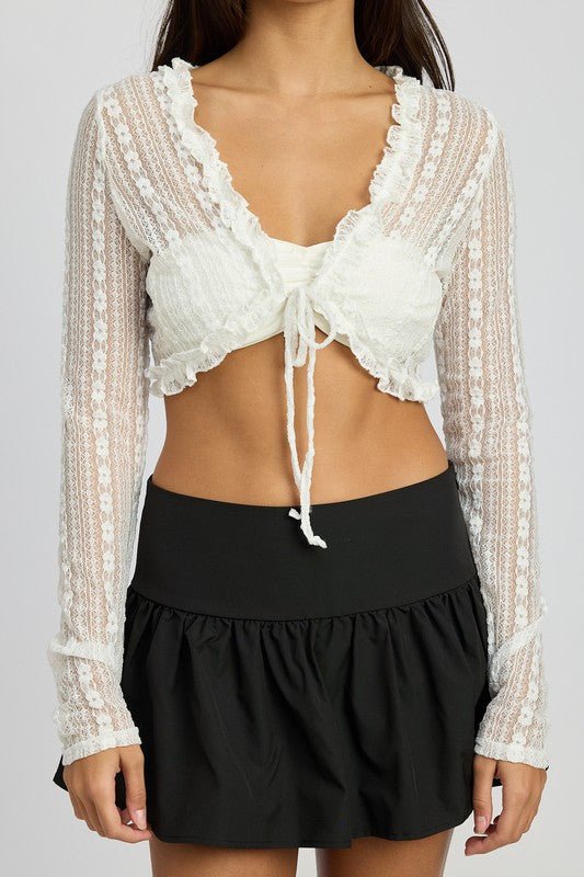 LACE CARDIGAN WITH RUFFLE DETAIL - NUTRAL ATTIRE