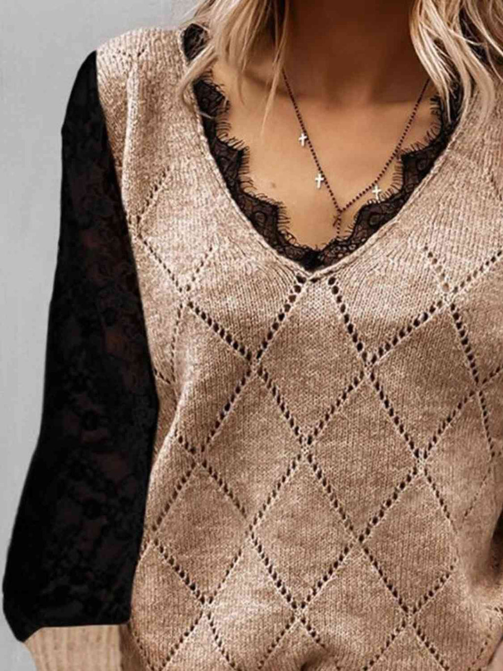 Lace Decor V Neck Two Tone Sweater - NUTRAL ATTIRE