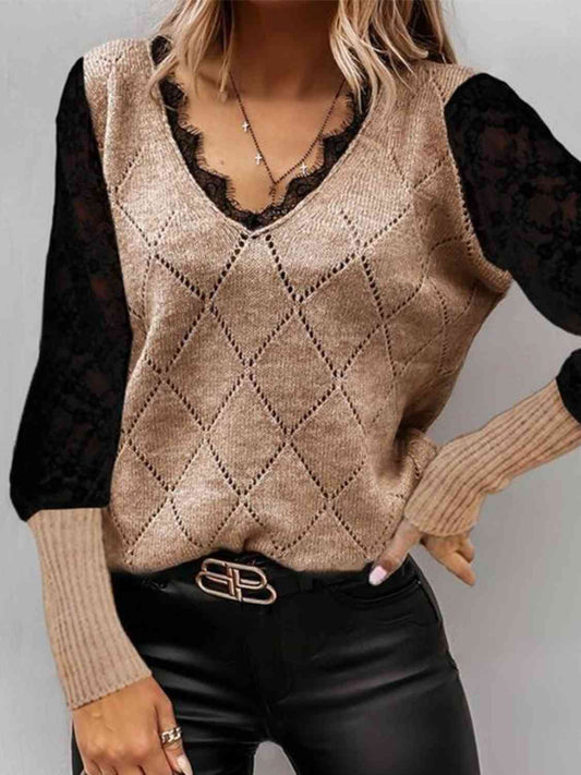 Lace Decor V Neck Two Tone Sweater - NUTRAL ATTIRE