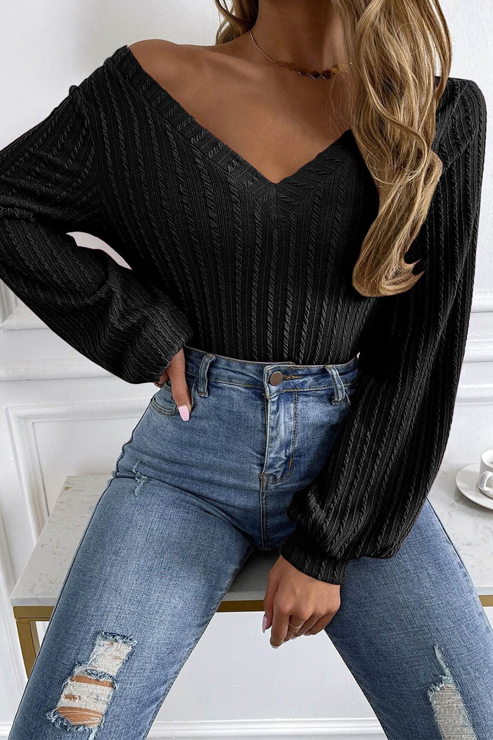 Lana V - Neck Long Sleeve Knit Top - NUTRAL ATTIRE