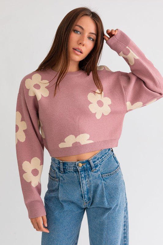 Long Sleeve Crop Sweater with Daisy Pattern - NUTRAL ATTIRE