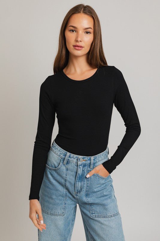 Long Sleeve Round Neck Ribbed Bodysuit - NUTRAL ATTIRE