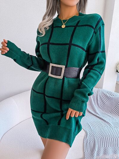 Plaid Round Neck Dropped Shoulder Sweater Dress - NUTRAL ATTIRE