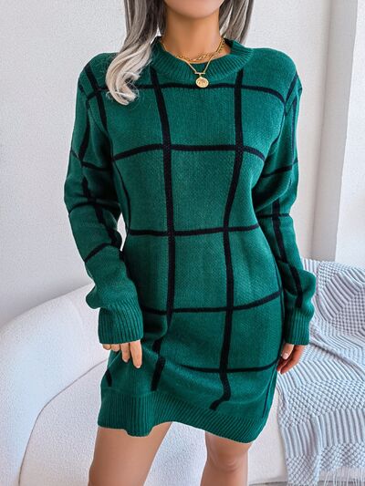 Plaid Round Neck Dropped Shoulder Sweater Dress - NUTRAL ATTIRE