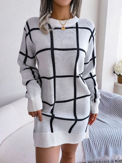 Plaid Round Neck Dropped Shoulder Sweater Dress - NUTRAL ATTIRE