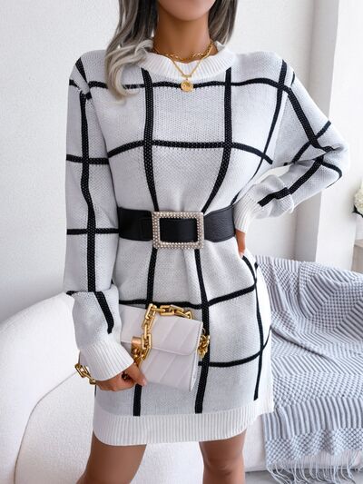 Plaid Round Neck Dropped Shoulder Sweater Dress - NUTRAL ATTIRE