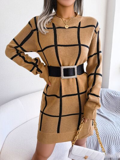 Plaid Round Neck Dropped Shoulder Sweater Dress - NUTRAL ATTIRE