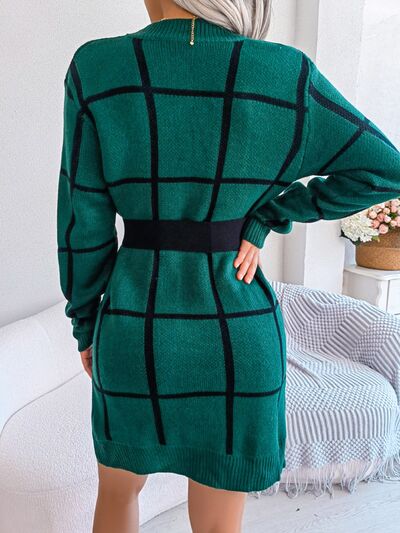 Plaid Round Neck Dropped Shoulder Sweater Dress - NUTRAL ATTIRE