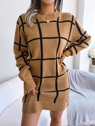 Plaid Round Neck Dropped Shoulder Sweater Dress - NUTRAL ATTIRE