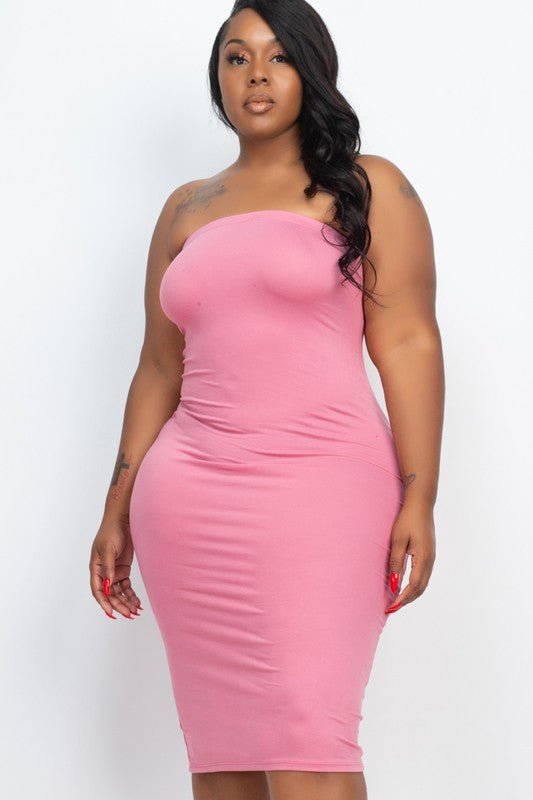 Plus Size Solid Strapless Tube Bodycon Midi Dress - NUTRAL ATTIRE