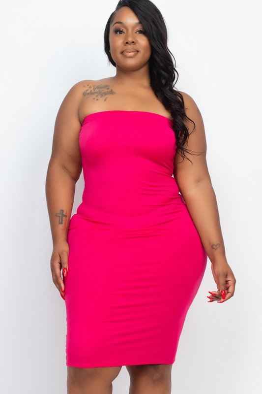 Plus Size Solid Strapless Tube Bodycon Midi Dress - NUTRAL ATTIRE