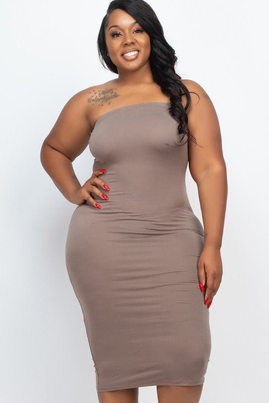 Plus Size Solid Strapless Tube Bodycon Midi Dress - NUTRAL ATTIRE