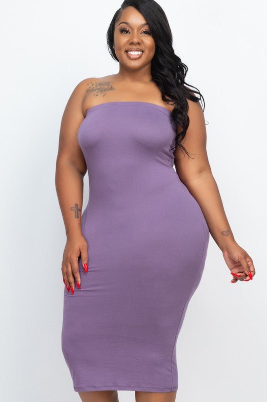 Plus Size Solid Strapless Tube Bodycon Midi Dress - NUTRAL ATTIRE