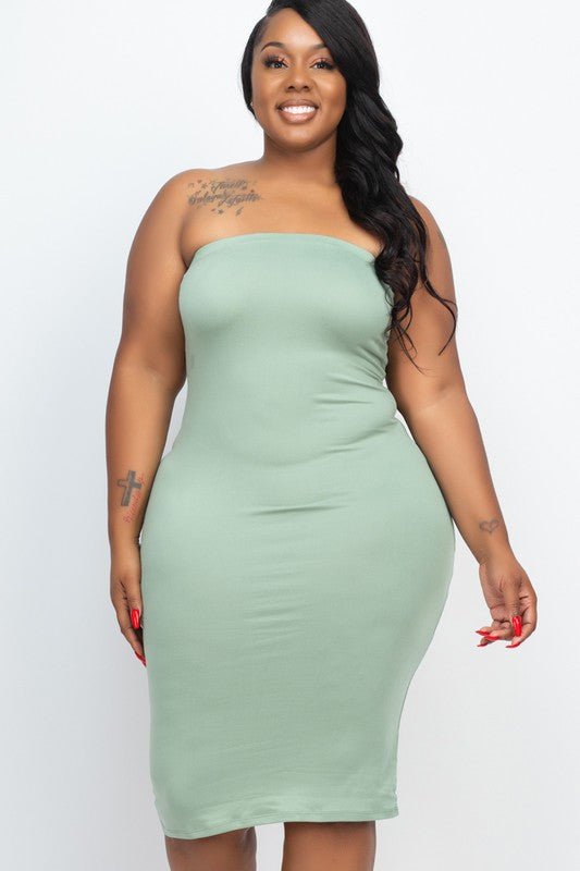 Plus Size Solid Strapless Tube Bodycon Midi Dress - NUTRAL ATTIRE