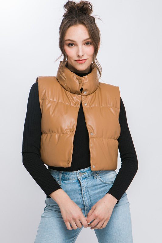 PU Faux Leather puffer West With Snap Button - NUTRAL ATTIRE