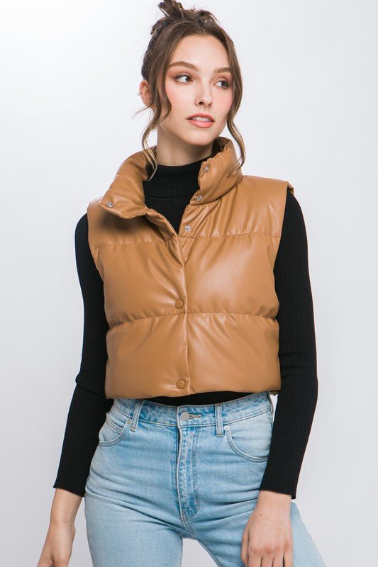 PU Faux Leather puffer West With Snap Button - NUTRAL ATTIRE