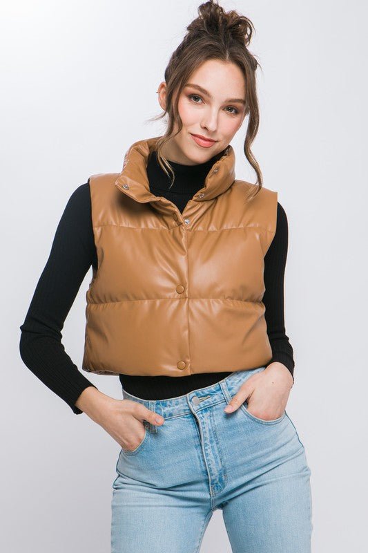 PU Faux Leather puffer West With Snap Button - NUTRAL ATTIRE