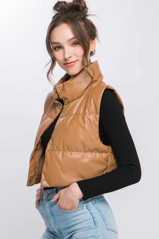 PU Faux Leather puffer West With Snap Button - NUTRAL ATTIRE