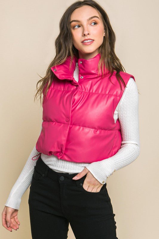 PU Faux Leather puffer West With Snap Button - NUTRAL ATTIRE