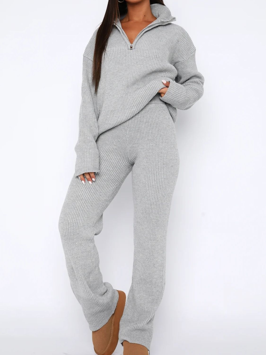 Quarter Zip Long Sleeve Top and Pants Set - NUTRAL ATTIRE